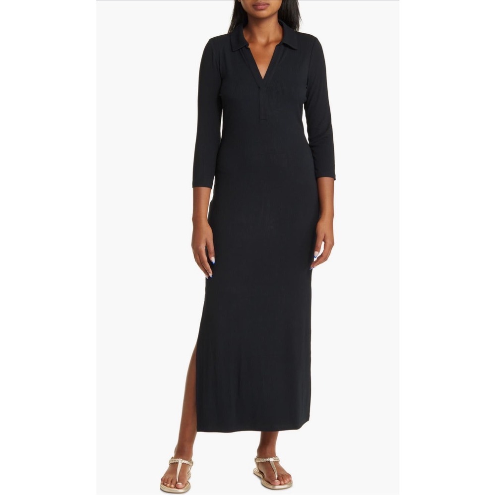 NEW Lilly Pulitzer Ollie 3/4 Sleeve Maxi Polo Dress Noir Ribbed Side Slit Resort
